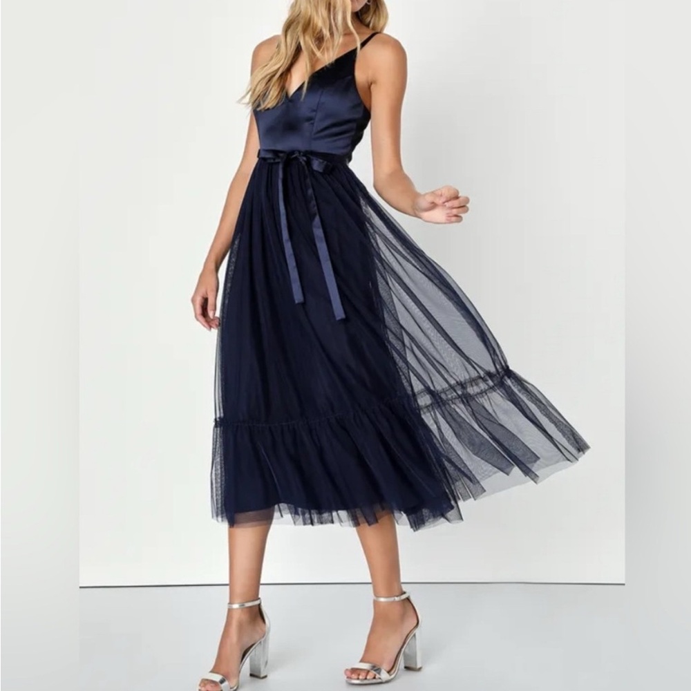 Lulu's Navy Blue Satin and Tulle Midi Dress